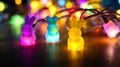 Vibrant Illuminated Bunny String Lights on Wooden Surface in Dark Ambiance. Easter garland