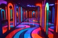 Vibrant illuminated corridor with a psychedelic design reflected in mirrors, creating a mesmerizing artistic pattern Royalty Free Stock Photo
