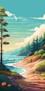 Colorful Coastal Illustration With Tree And Water