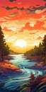 Vibrant Sunset River Illustration: Wilderness Art With Nature-based Patterns Royalty Free Stock Photo