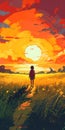 Dreamy Anime Art: A Person Walking Through A Sunset Field