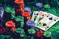 Vibrant Illustration of Casino Poker Chips and Playing Cards with Royal Flush on Green Table Background Royalty Free Stock Photo