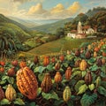 Vibrant illustration of a cocoa farm with church against rolling hills