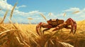 Vibrant Illustration Of A Crab Grazing In A Wheat Field