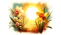 Vibrant Illustration of Daffodils and Narcissus with Radiant Sun Royalty Free Stock Photo