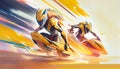 A vibrant illustration depicting a futuristic sport competition with dynamic and athletic figures engaged in a thrilling and high-