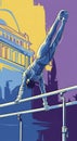 Dynamic Illustration of an Athlete Performing Handstand on Parallel Bars with Urban Backdrop Royalty Free Stock Photo