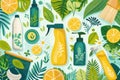 Vibrant Illustration of Eco-Friendly Cleaning Products Among Citrus and Leaves