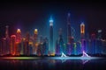 Vibrant illustration of a fantastic cityscape illuminated by night neon lights.
