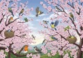 A vibrant illustration features an array of birds perched on and flying around cherry Royalty Free Stock Photo