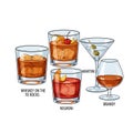 Collection of Classic Alcoholic Cocktails and Spirits: Whiskey on the Rocks, Negroni, Martini, and Brandy in Various Glasses, Royalty Free Stock Photo