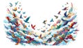 A vibrant illustration features a flock of colorful birds s Royalty Free Stock Photo