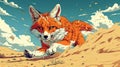 Giant Red Fox Running Across Desert Landscape, Whimsical Illustration Royalty Free Stock Photo