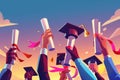 Vibrant illustration of graduates holding diplomas and caps aloft at dusk