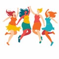 Vibrant illustration joyful women dancing carefree, expressing happiness freedom. Five diverse