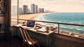 Vibrant illustration of a laptop, cup of coffee, and plant on a desk in front of a city skyline window