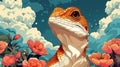 Orange Bearded Dragon Lizard Portrait with Flowers and Clouds Royalty Free Stock Photo