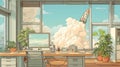Modern office with plants and computer, featuring rocket launch in window view against vibrant clouds and blue sky.Generative AI Royalty Free Stock Photo