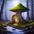 Vibrant illustration of mushroom house in a mystical forest, with lots of details, created by AI generator