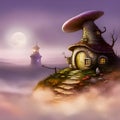 Vibrant illustration of mushroom house in a mystical forest, with lots of details, created by AI generator