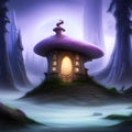 Vibrant illustration of mushroom house in a mystical forest, with lots of details, created by AI generator