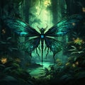 Vibrant Illustration Of A Mythical Dragonfly In A Dark Forest