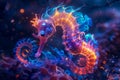 Vibrant Illustration of a Neon Seahorse in a Magical Underwater Scene with Glowing Particles