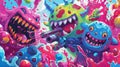 Vibrant illustration of playful cartoon monsters engaged in a joyous paint shooting spree with lively expressions