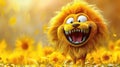 Vibrant illustration of a roaring lion with a bushy mane among sunflowers.