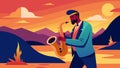 A vibrant illustration of a saxophone player against a sunset backdrop announcing an upcoming jazz event at a