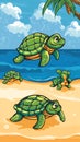A vibrant illustration of sea turtles on a beach with ocean waves in the background Royalty Free Stock Photo