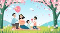A vibrant illustration showcases a familys picnic celebration with children presenting a heart-shaped balloon to their
