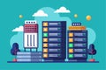 A vibrant illustration showcases multiple data servers surrounded by clouds, presenting a modern tech environment, Customizable Royalty Free Stock Photo