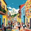 Vibrant illustration showcasing adventurous tourists exploring colorful streets of Salvador, Brazil