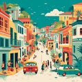 Vibrant illustration showcasing adventurous tourists exploring colorful streets of Salvador, Brazil