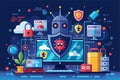 A vibrant illustration showcasing cybersecurity elements like shields, locks, and malware detection on multiple screens in a Royalty Free Stock Photo