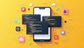 A vibrant illustration showcasing mobile app development with code snippets and icons Royalty Free Stock Photo