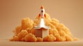 Conceptual Launch of Rocket from Box with Orange Smoke in Creative Minimalist Style.Generative AI Royalty Free Stock Photo