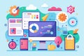 A vibrant illustration showcasing technology and productivity tools, featuring graphs, digital devices, and creative accessories Royalty Free Stock Photo