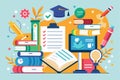 A vibrant illustration showcasing various study materials, tools, and a graduation cap, emphasizing the exam preparation process Royalty Free Stock Photo