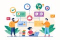 A vibrant illustration shows a team engaged in agile project management using customizable design elements, Agile method with Royalty Free Stock Photo