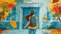 Vibrant illustration of a student with a backpack heading back to school in the autumn season
