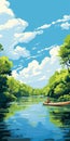 Vibrant Illustrations Of Green Trees On A Boat With Detailed Skies Royalty Free Stock Photo