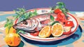 Vibrant Illustrations Of Seafood: A Fauvism-inspired Plate Of Fish
