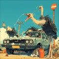 Funny Ostriches Spraying Water at People in Car