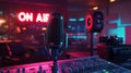 Professional Radio Broadcast Studio with Neon On-Air Sign and Microphone Royalty Free Stock Photo
