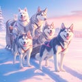 Happy Husky Dogs Sled Team in Winter Wonderland