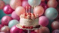 Celebrate with Colorful Balloons and Birthday Cake with Candles as Party Background Royalty Free Stock Photo