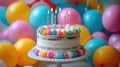 Celebrating with Colorful Balloons and Birthday Cake: A Joyful Birthday Party Background Royalty Free Stock Photo