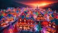 Colorful, illuminated Christmas village at twilight with snow.Generative AI Royalty Free Stock Photo